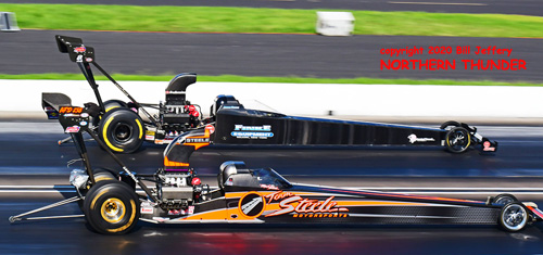 (near lane) Mick Steele vs (far lane) Jackie Fricke
